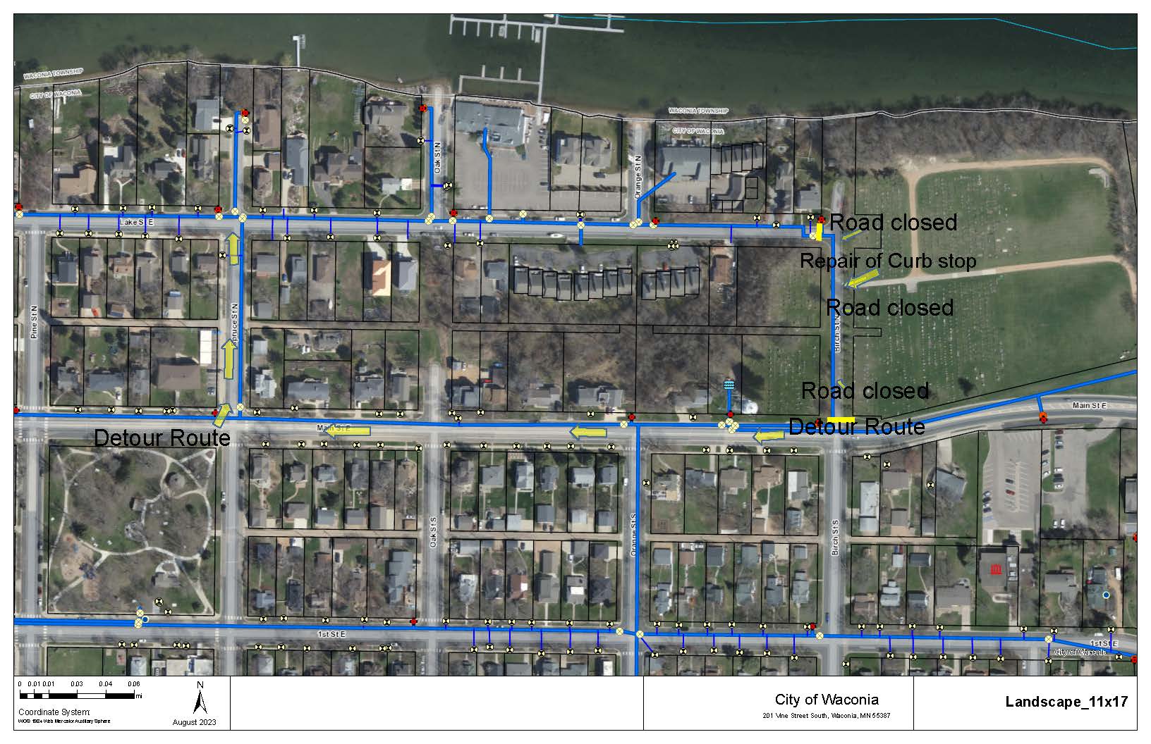 Road closed for curb stop repair on Birch